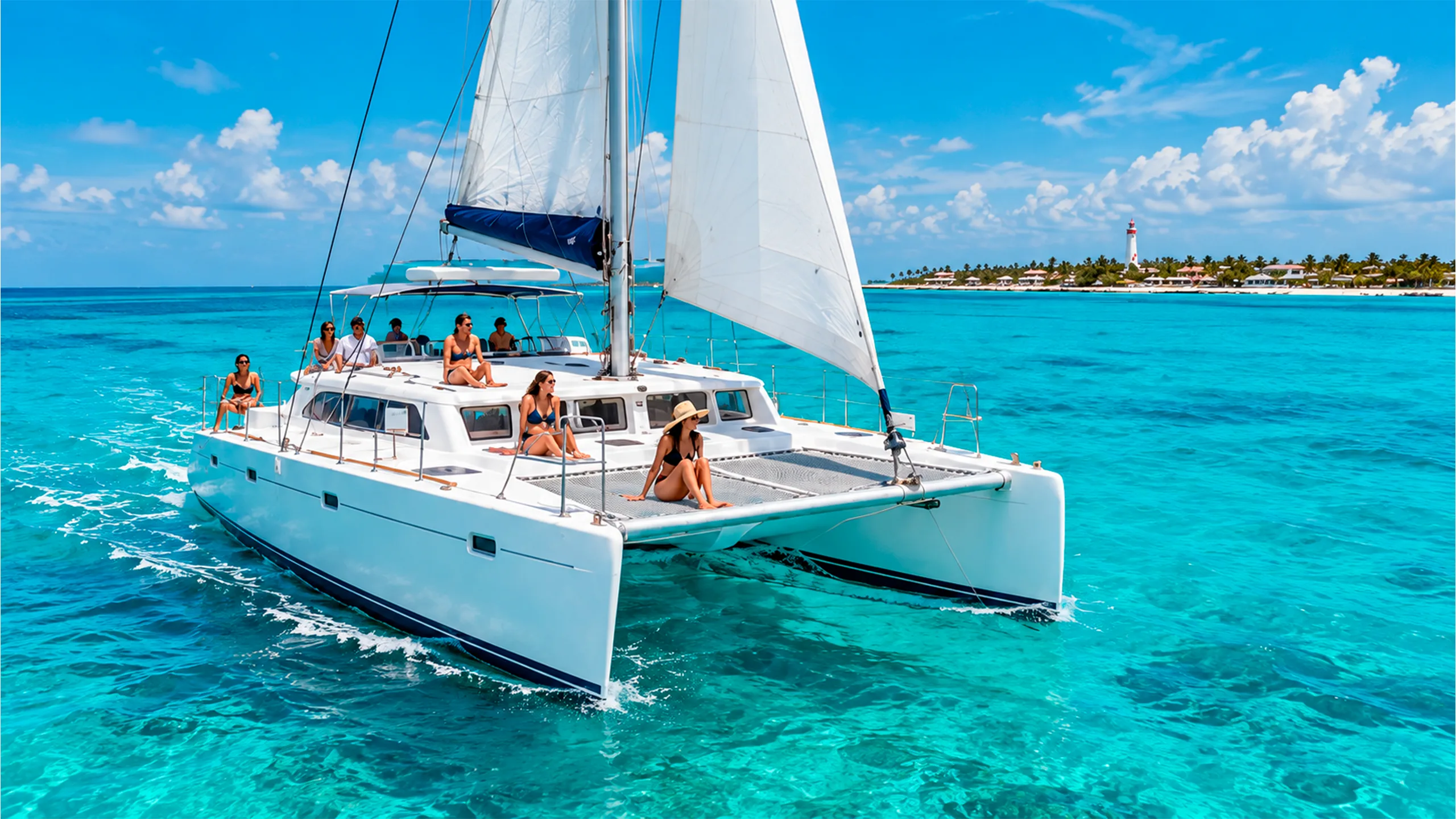 Catamarán navegando en las aguas turquesa de Isla Mujeres